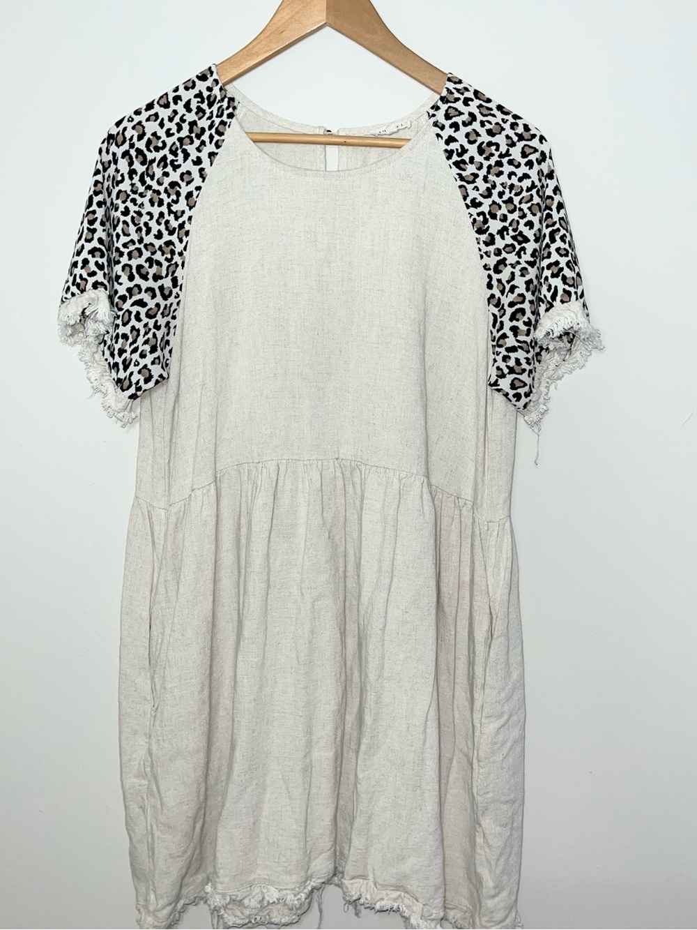 JODIFL Beige Linen Dress with Black & White Leopard Sleeves